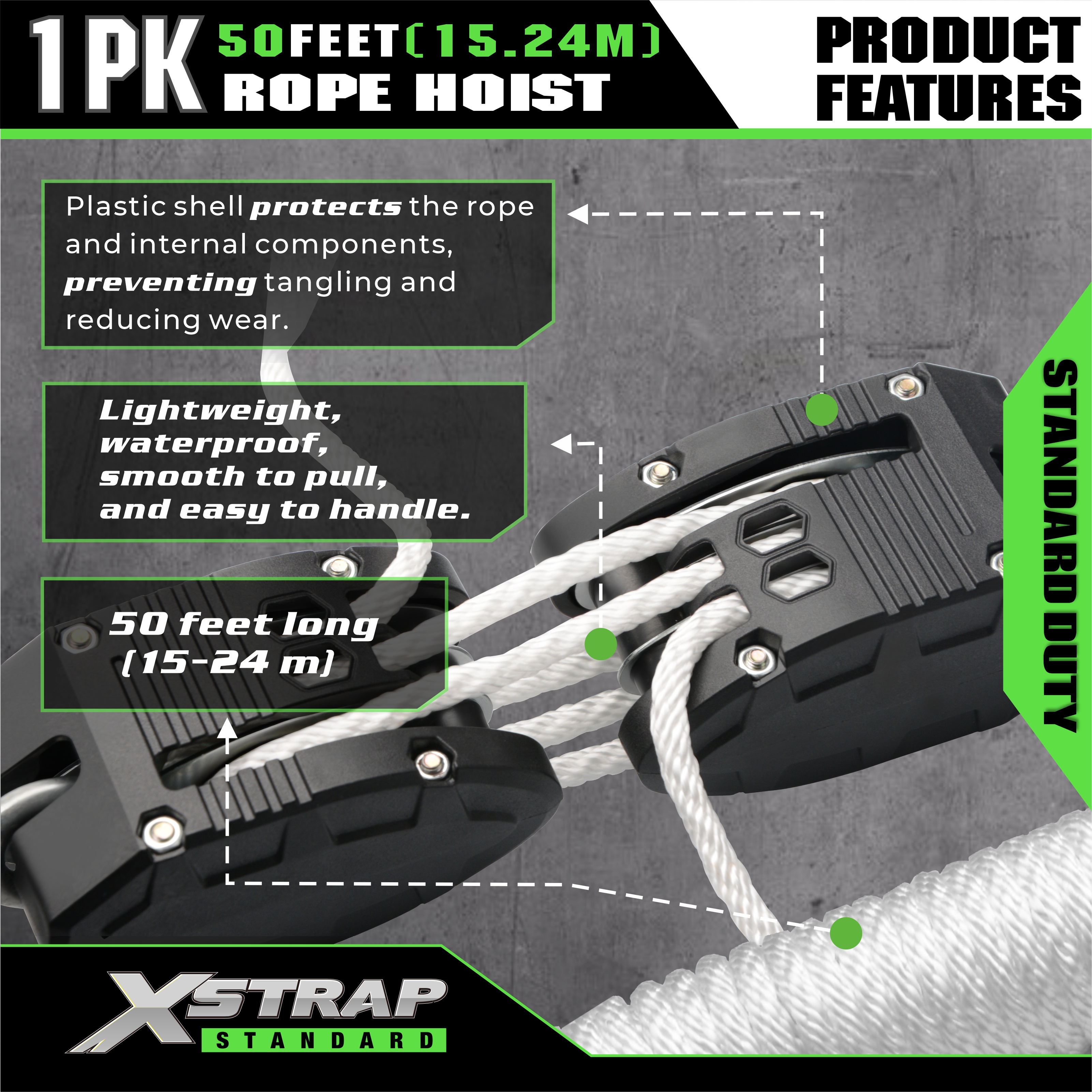 XSTRAP AHLT0003 화이트 로프 호이스트 풀리 시스템 1000LB 용량