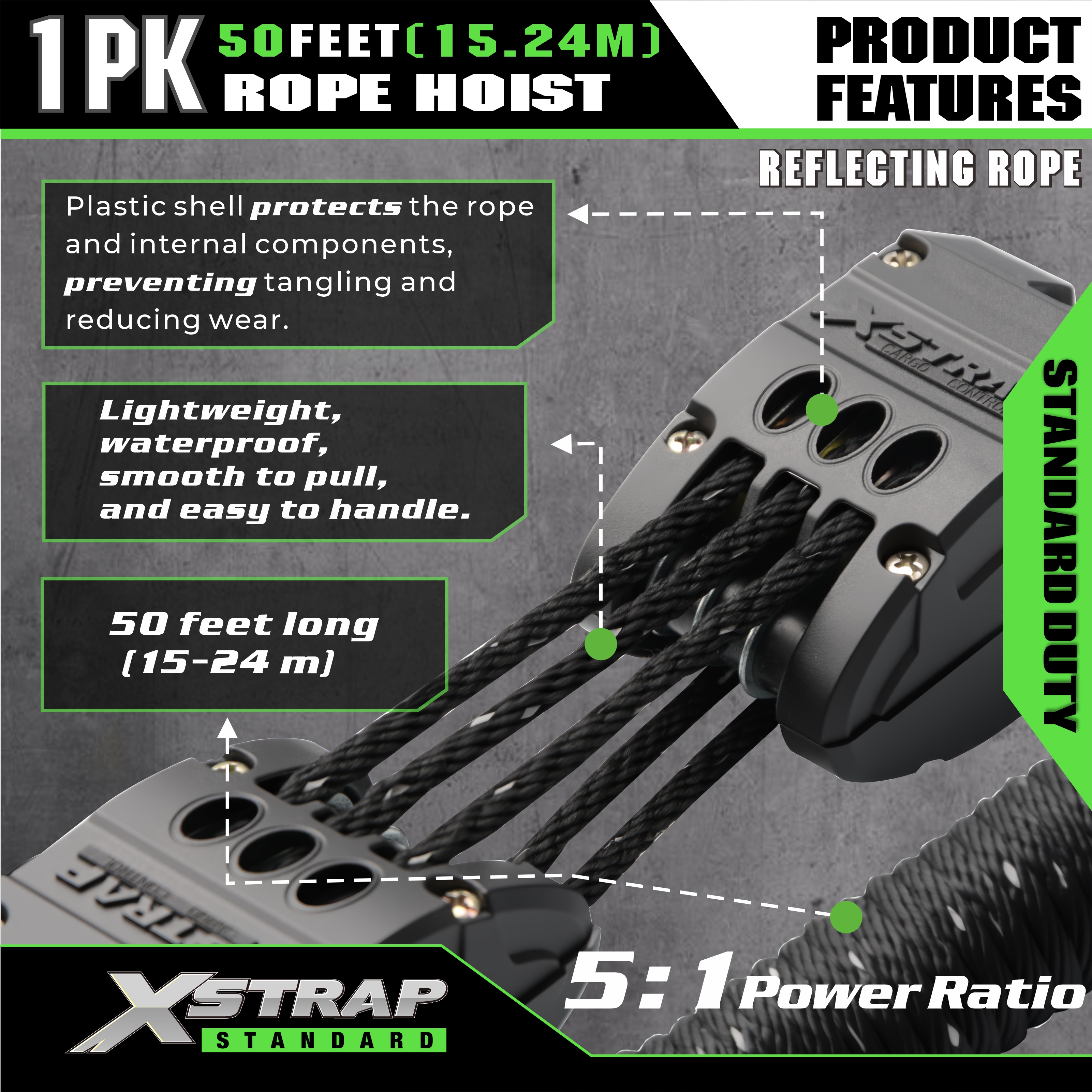 XSTRAP AHLT0003 반사 검정색 로프 호이스트 풀리 시스템 1000LB