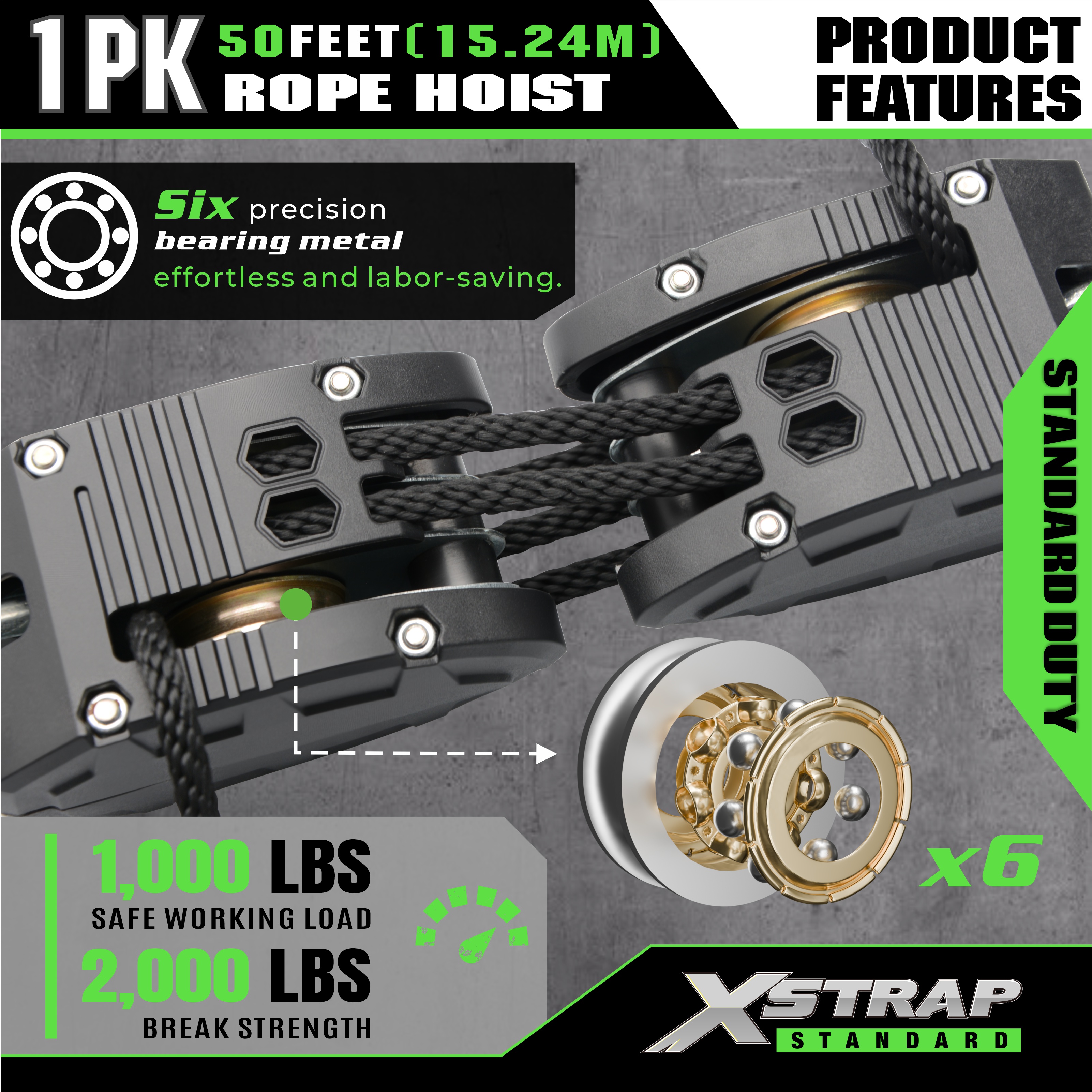 XSTRAP AHLT0003 블랙 로프 호이스트 풀리 시스템 1000LB