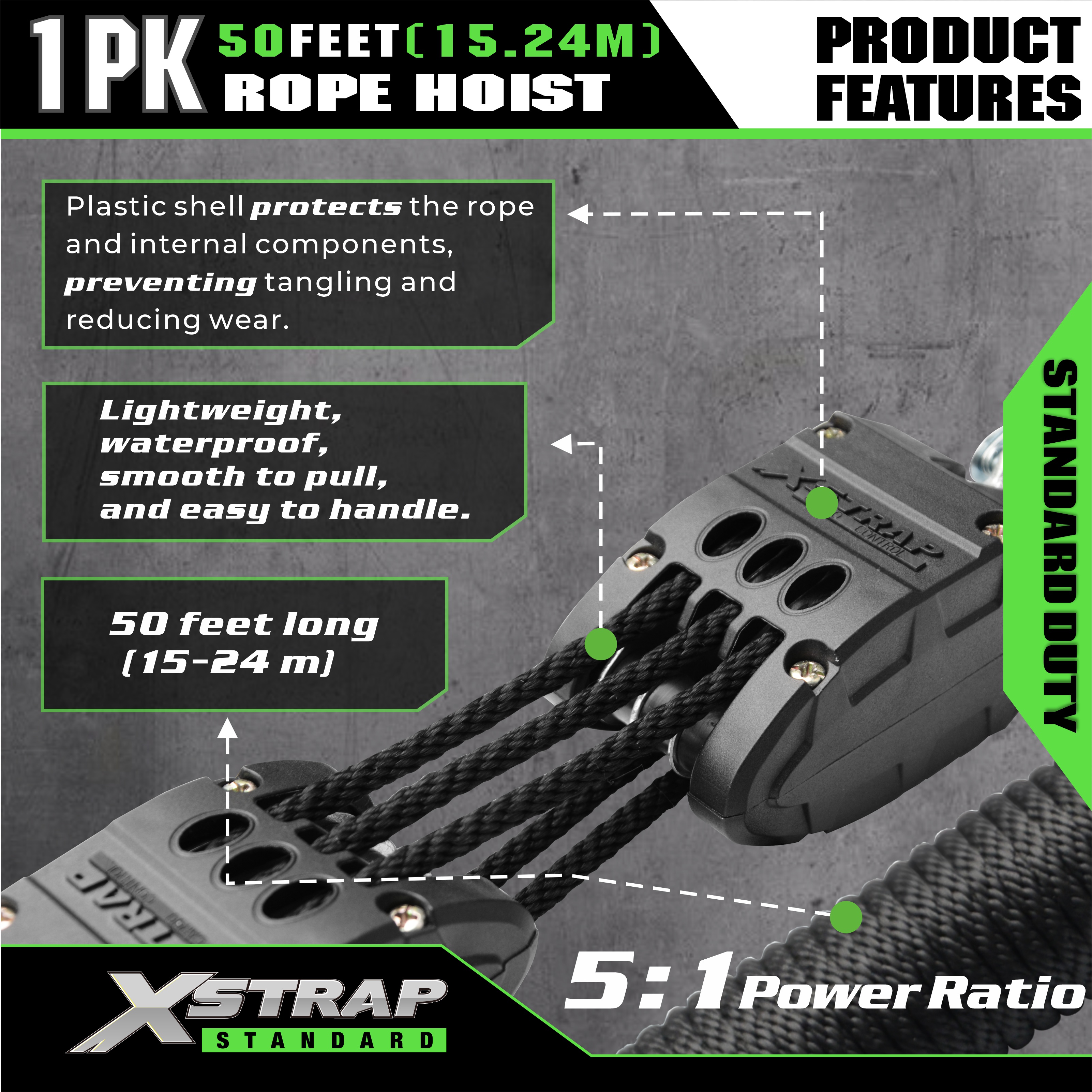 XSTRAP AHLT0003 블랙 로프 호이스트 풀리 시스템 1000LB