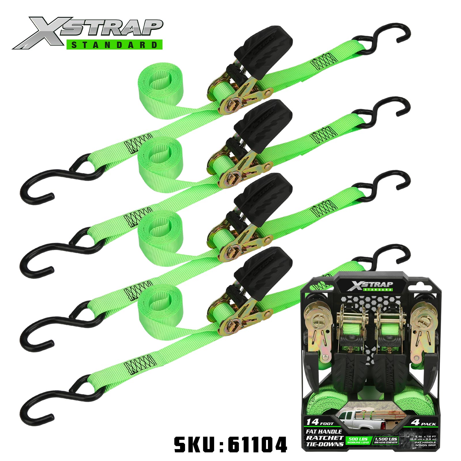 Xstrap 61104 1인치 x 12' 4PK 래칫 타이다운 500lb SWL