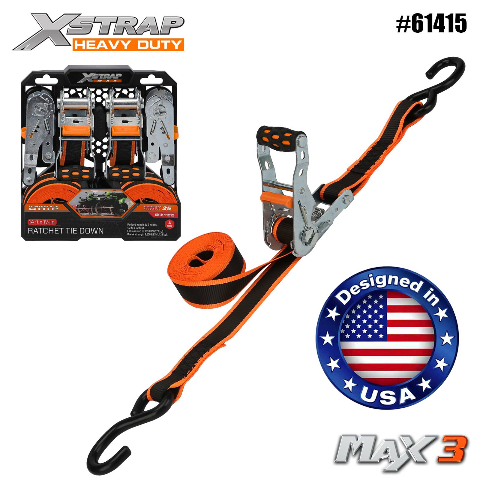 Xstrap 61415 1-1/4인치 x 14' 4PK 래칫 타이다운 1000lb SWL