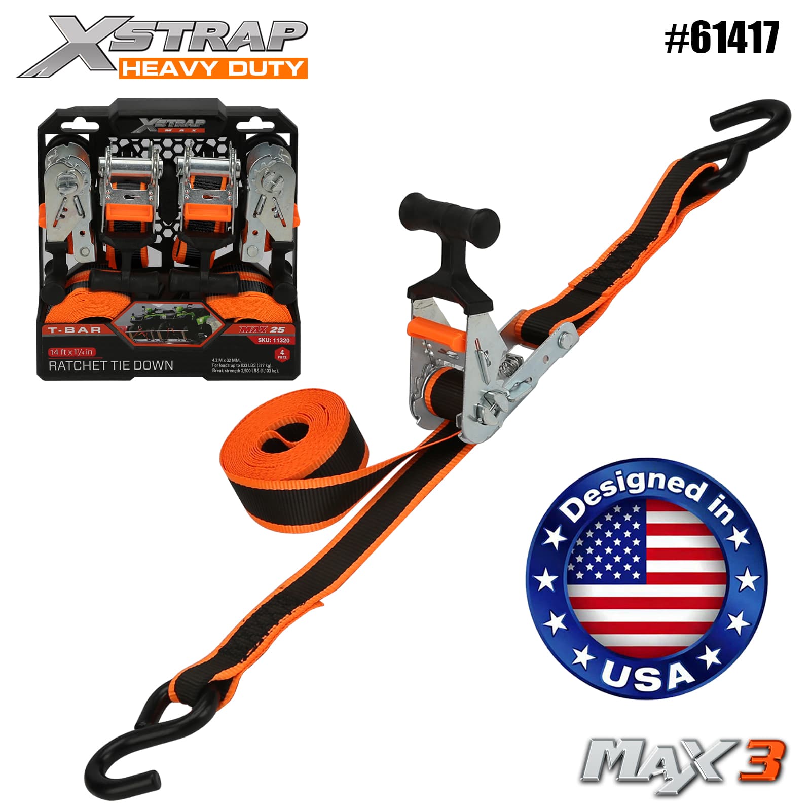 Xstrap 61417 1-1/4” x 14' 4PK T-바 래칫 타이다운 1000lb SWL
