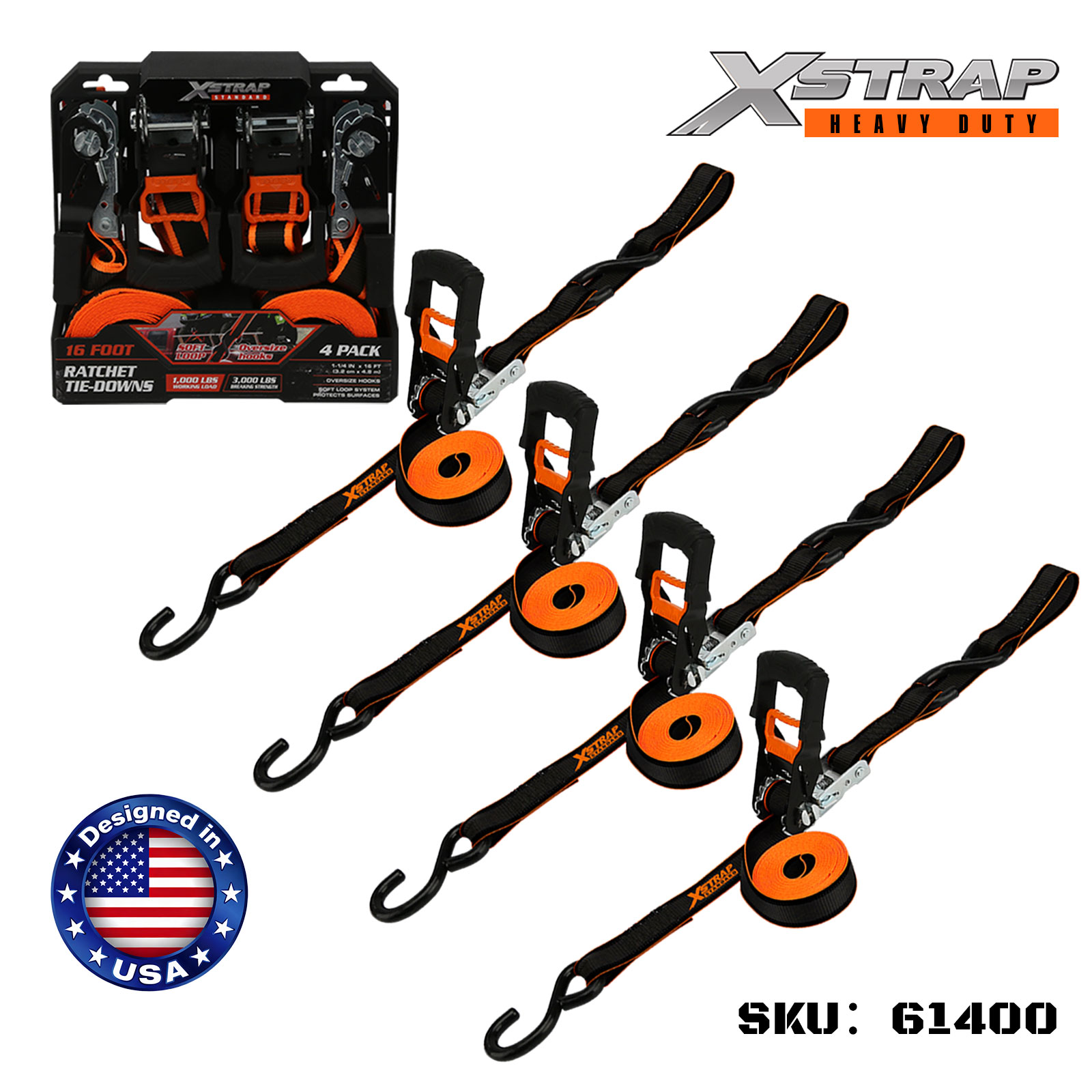 Xstrap 61400 1-1/4인치 x 16' 4PK 래칫 타이다운(특대 후크 포함) 1000lb SWL