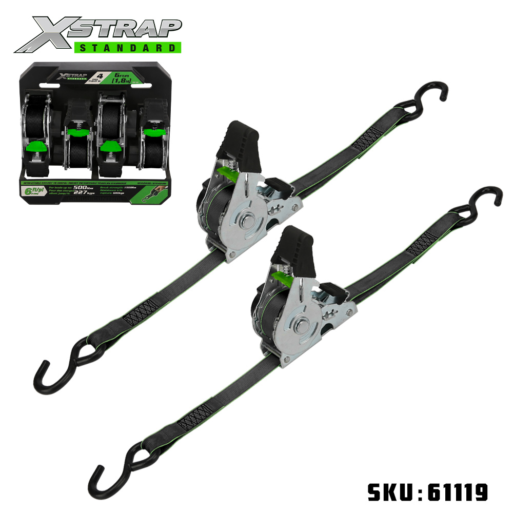 Xstrap 61119 1인치 x 10' 2PK 접이식 래칫 타이다운(S 후크 포함) 500lb SWL