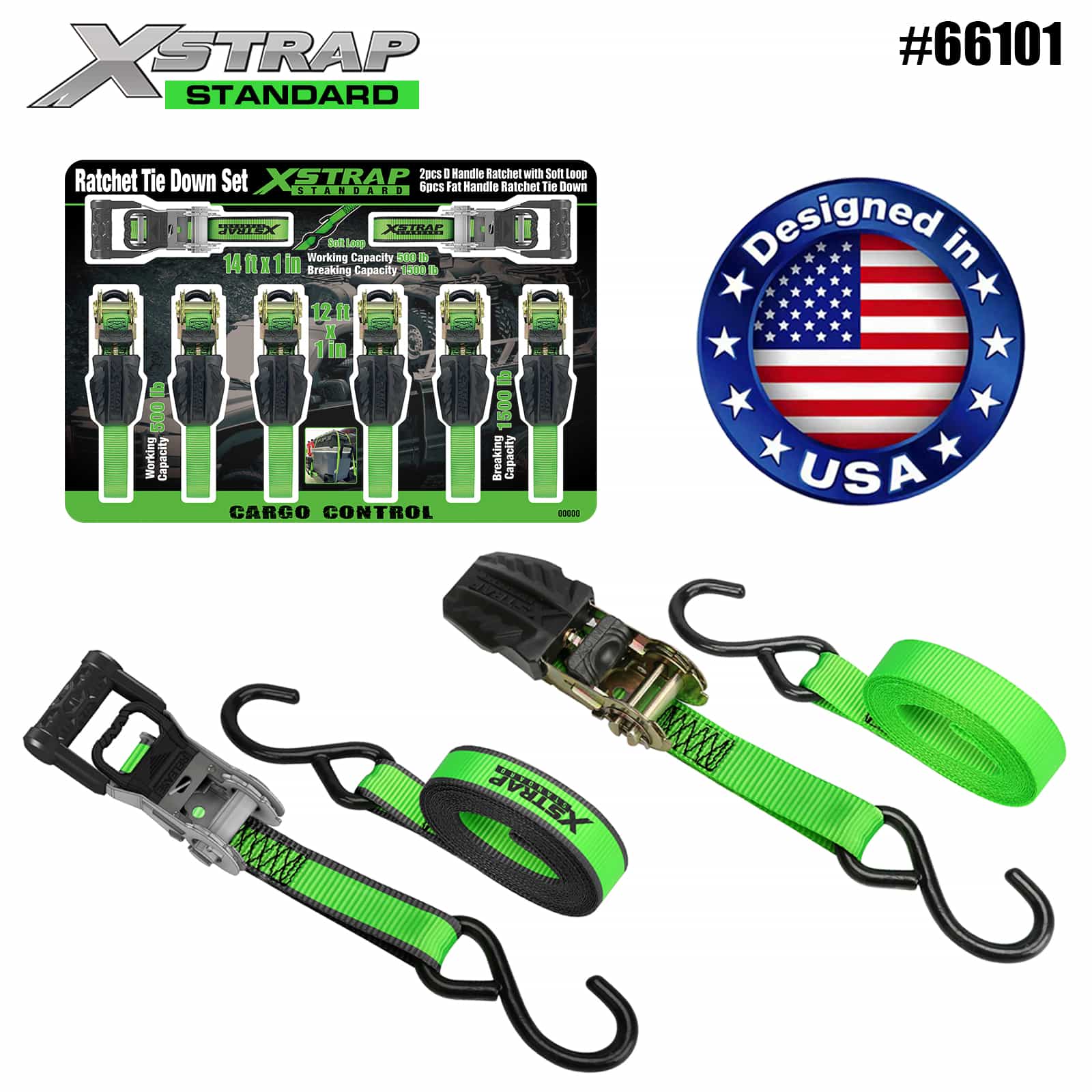 Xstrap 66101 1인치 x 14' 2PK D 핸들 래칫(소프트 루프 500lb SWL 포함) 및 1인치 x 12' 6PK 플랫 핸들 래칫 타이다운 500lb SWL 포함