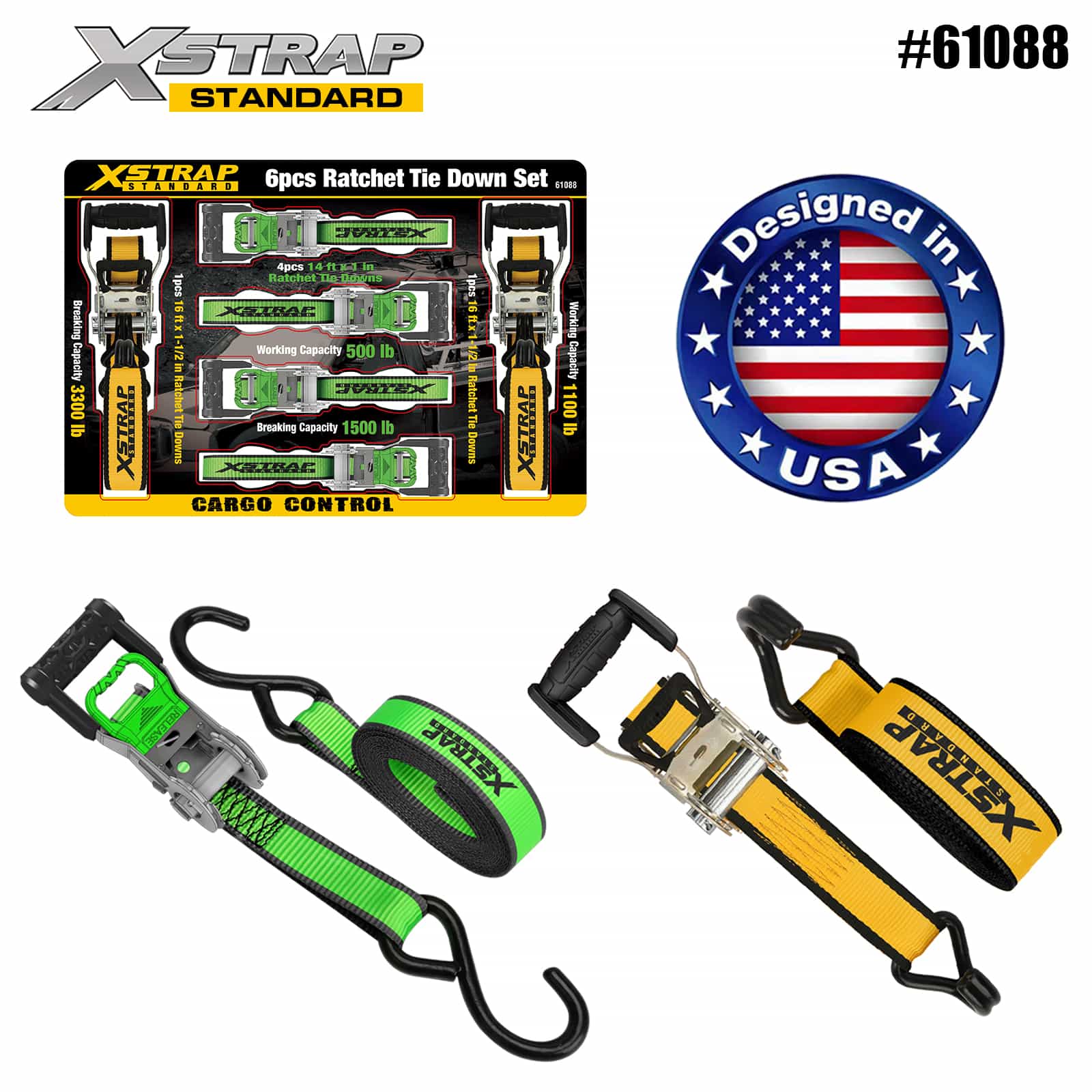 Xstrap 61088 1인치 x 14' 4PK D 핸들 래칫(소프트 루프 500lb SWL 포함) 및 1인치 x 16' 2PK 엑스트라 와이드 핸들 래칫 타이다운 1100lb SWL