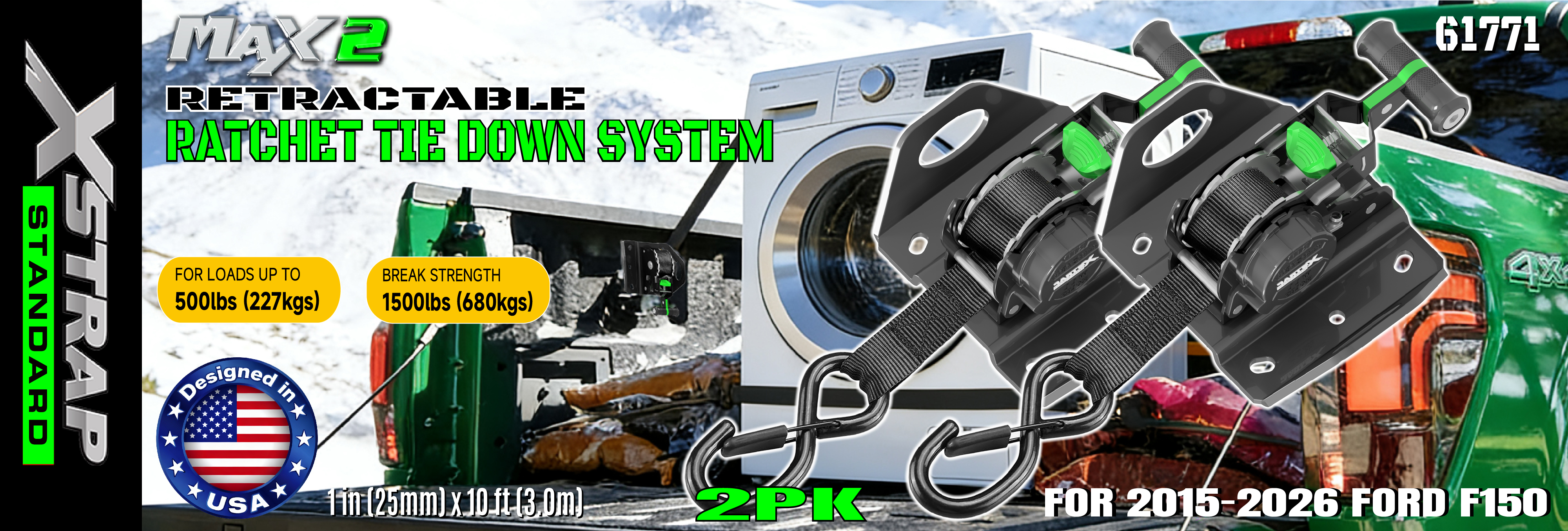 Xstrap 61771 F150 자동차 액세서리 500LB SWL에 맞는 접이식 래칫 스트랩